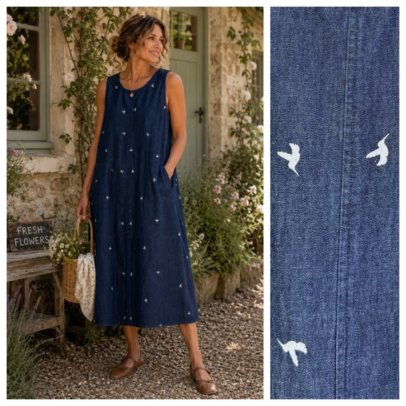 Christopher & Banks Dresses & Skirts - Chambray Dark Denim Hummingbird Novelty Midi Dress L Sleeveless Pockets Cotton